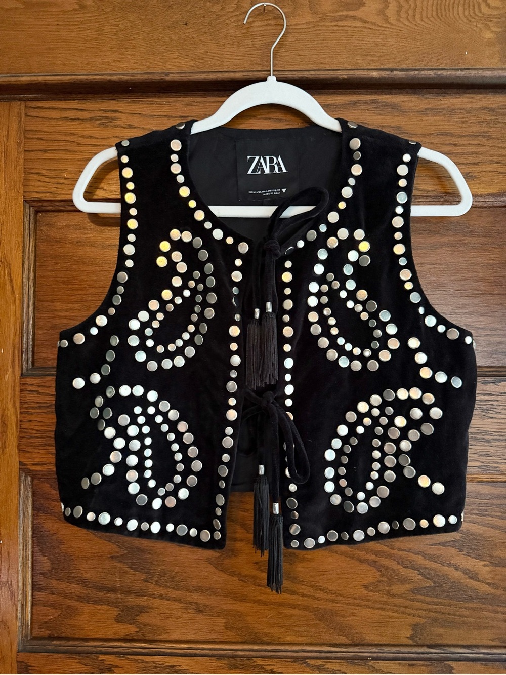 ZARA Studded Velvet Waistcoat Vest Boho Western Festival Black Silver Short M/L